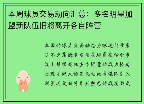 本周球员交易动向汇总：多名明星加盟新队伍旧将离开各自阵营