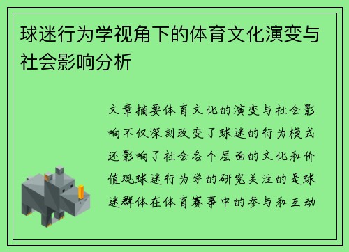 球迷行为学视角下的体育文化演变与社会影响分析