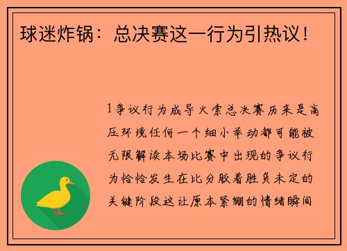 球迷炸锅：总决赛这一行为引热议！